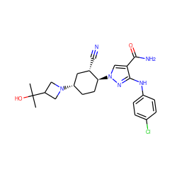 CC(C)(O)C1CN([C@H]2CC[C@H](n3cc(C(N)=O)c(Nc4ccc(Cl)cc4)n3)[C@@H](C#N)C2)C1 ZINC000222980702