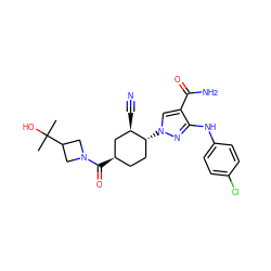 CC(C)(O)C1CN(C(=O)[C@@H]2CC[C@@H](n3cc(C(N)=O)c(Nc4ccc(Cl)cc4)n3)[C@H](C#N)C2)C1 ZINC000221246913