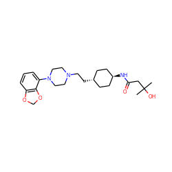 CC(C)(O)CC(=O)N[C@H]1CC[C@H](CCN2CCN(c3cccc4c3OCO4)CC2)CC1 ZINC000261165832