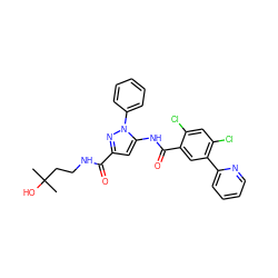 CC(C)(O)CCNC(=O)c1cc(NC(=O)c2cc(-c3ccccn3)c(Cl)cc2Cl)n(-c2ccccc2)n1 ZINC001772571329