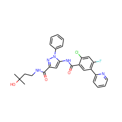 CC(C)(O)CCNC(=O)c1cc(NC(=O)c2cc(-c3ccccn3)c(F)cc2Cl)n(-c2ccccc2)n1 ZINC001772609042