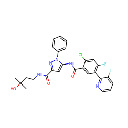 CC(C)(O)CCNC(=O)c1cc(NC(=O)c2cc(-c3ncccc3F)c(F)cc2Cl)n(-c2ccccc2)n1 ZINC001772599445