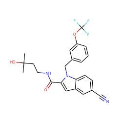 CC(C)(O)CCNC(=O)c1cc2cc(C#N)ccc2n1Cc1cccc(OC(F)(F)F)c1 ZINC000071296503