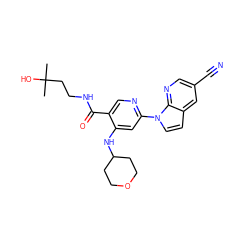 CC(C)(O)CCNC(=O)c1cnc(-n2ccc3cc(C#N)cnc32)cc1NC1CCOCC1 ZINC001772611254