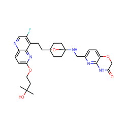 CC(C)(O)CCOc1ccc2ncc(F)c(CCC34CCC(NCc5ccc6c(n5)NC(=O)CO6)(CC3)CO4)c2n1 ZINC000206106027