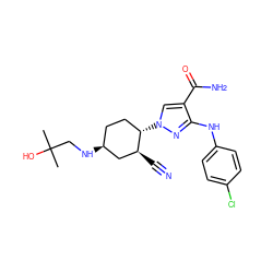 CC(C)(O)CN[C@H]1CC[C@H](n2cc(C(N)=O)c(Nc3ccc(Cl)cc3)n2)[C@@H](C#N)C1 ZINC000222979299