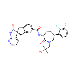 CC(C)(O)CN1C[C@H](c2cccc(F)c2F)CC[C@@H](NC(=O)c2ccc3c(c2)C[C@]2(C3)C(=O)Nc3ncccc32)C1=O ZINC000136842950