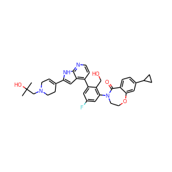 CC(C)(O)CN1CC=C(c2cc3c(-c4cc(F)cc(N5CCOc6cc(C7CC7)ccc6C5=O)c4CO)ccnc3[nH]2)CC1 ZINC001772636468