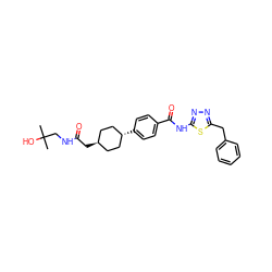 CC(C)(O)CNC(=O)C[C@H]1CC[C@H](c2ccc(C(=O)Nc3nnc(Cc4ccccc4)s3)cc2)CC1 ZINC000653787771