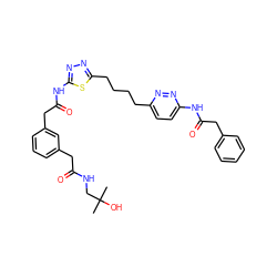 CC(C)(O)CNC(=O)Cc1cccc(CC(=O)Nc2nnc(CCCCc3ccc(NC(=O)Cc4ccccc4)nn3)s2)c1 ZINC000169698432