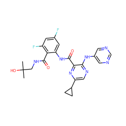 CC(C)(O)CNC(=O)c1c(F)cc(F)cc1NC(=O)c1nc(C2CC2)cnc1Nc1cncnc1 ZINC000169701933