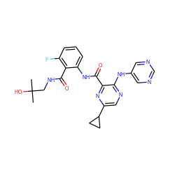 CC(C)(O)CNC(=O)c1c(F)cccc1NC(=O)c1nc(C2CC2)cnc1Nc1cncnc1 ZINC000169701920