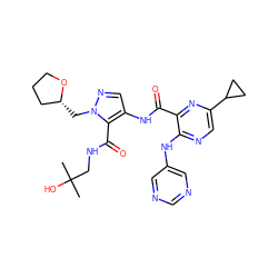 CC(C)(O)CNC(=O)c1c(NC(=O)c2nc(C3CC3)cnc2Nc2cncnc2)cnn1C[C@@H]1CCCO1 ZINC000169701864