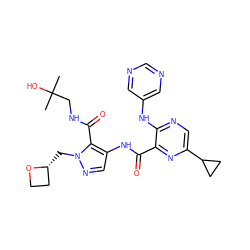 CC(C)(O)CNC(=O)c1c(NC(=O)c2nc(C3CC3)cnc2Nc2cncnc2)cnn1C[C@@H]1CCO1 ZINC000143268968