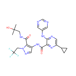 CC(C)(O)CNC(=O)c1c(NC(=O)c2nc(C3CC3)cnc2Nc2cncnc2)cnn1CC(F)(F)F ZINC000169701796