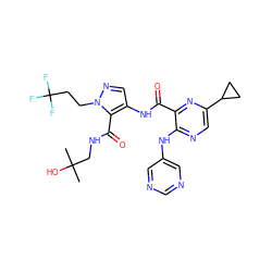 CC(C)(O)CNC(=O)c1c(NC(=O)c2nc(C3CC3)cnc2Nc2cncnc2)cnn1CCC(F)(F)F ZINC000169701793