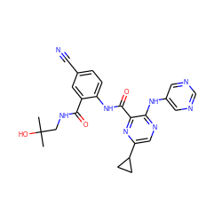 CC(C)(O)CNC(=O)c1cc(C#N)ccc1NC(=O)c1nc(C2CC2)cnc1Nc1cncnc1 ZINC000169701880