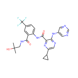 CC(C)(O)CNC(=O)c1cc(C(F)(F)F)ccc1NC(=O)c1nc(C2CC2)cnc1Nc1cncnc1 ZINC000169701905