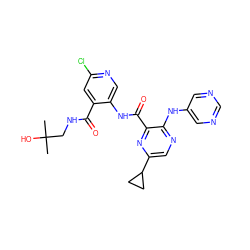 CC(C)(O)CNC(=O)c1cc(Cl)ncc1NC(=O)c1nc(C2CC2)cnc1Nc1cncnc1 ZINC000169701878