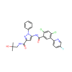 CC(C)(O)CNC(=O)c1cc(NC(=O)c2cc(-c3ccc(F)cn3)c(Cl)cc2Cl)n(-c2ccccc2)n1 ZINC001772610231