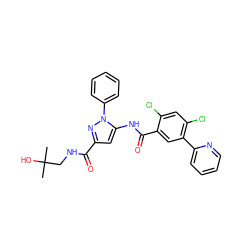 CC(C)(O)CNC(=O)c1cc(NC(=O)c2cc(-c3ccccn3)c(Cl)cc2Cl)n(-c2ccccc2)n1 ZINC001772573043