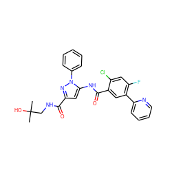 CC(C)(O)CNC(=O)c1cc(NC(=O)c2cc(-c3ccccn3)c(F)cc2Cl)n(-c2ccccc2)n1 ZINC001772578772