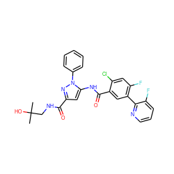 CC(C)(O)CNC(=O)c1cc(NC(=O)c2cc(-c3ncccc3F)c(F)cc2Cl)n(-c2ccccc2)n1 ZINC001772630202