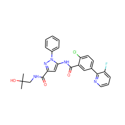 CC(C)(O)CNC(=O)c1cc(NC(=O)c2cc(-c3ncccc3F)ccc2Cl)n(-c2ccccc2)n1 ZINC001772636445