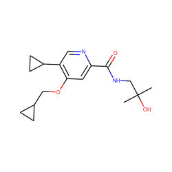 CC(C)(O)CNC(=O)c1cc(OCC2CC2)c(C2CC2)cn1 ZINC000149245104