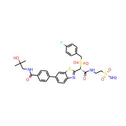 CC(C)(O)CNC(=O)c1ccc(-c2ccc3nc([C@@H](C(=O)NCCS(N)(=O)=O)S(=O)(=O)Cc4ccc(F)cc4)sc3c2)cc1 ZINC000222118159