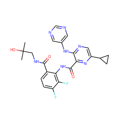 CC(C)(O)CNC(=O)c1ccc(F)c(F)c1NC(=O)c1nc(C2CC2)cnc1Nc1cncnc1 ZINC000169701935