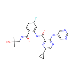 CC(C)(O)CNC(=O)c1ccc(F)cc1NC(=O)c1nc(C2CC2)cnc1Nc1cncnc1 ZINC000169701911