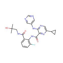 CC(C)(O)CNC(=O)c1cccc(F)c1NC(=O)c1nc(C2CC2)cnc1Nc1cncnc1 ZINC000169701903