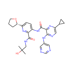 CC(C)(O)CNC(=O)c1nc([C@@H]2CCCO2)ccc1NC(=O)c1nc(C2CC2)cnc1Nc1cncnc1 ZINC000169701800