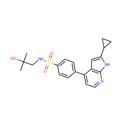 CC(C)(O)CNS(=O)(=O)c1ccc(-c2ccnc3[nH]c(C4CC4)cc23)cc1 ZINC000095557483