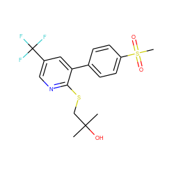 CC(C)(O)CSc1ncc(C(F)(F)F)cc1-c1ccc(S(C)(=O)=O)cc1 ZINC000029466523