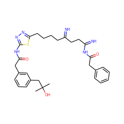 CC(C)(O)Cc1cccc(CC(=O)Nc2nnc(CCCCC(=N)CCC(=N)NC(=O)Cc3ccccc3)s2)c1 ZINC000169698431