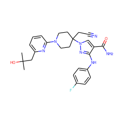 CC(C)(O)Cc1cccc(N2CCC(CC#N)(n3cc(C(N)=O)c(Nc4ccc(F)cc4)n3)CC2)n1 ZINC000205058539