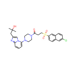 CC(C)(O)Cc1cn2c(N3CCN(C(=O)CCS(=O)(=O)c4ccc5cc(Cl)ccc5c4)CC3)cccc2n1 ZINC000029056276