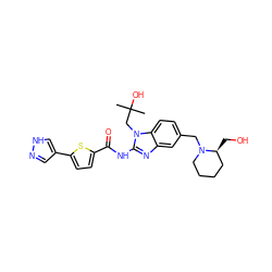 CC(C)(O)Cn1c(NC(=O)c2ccc(-c3cn[nH]c3)s2)nc2cc(CN3CCCC[C@@H]3CO)ccc21 ZINC000040957330