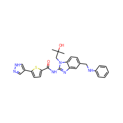 CC(C)(O)Cn1c(NC(=O)c2ccc(-c3cn[nH]c3)s2)nc2cc(CNc3ccccc3)ccc21 ZINC000040954098