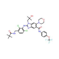 CC(C)(O)Cn1c(Nc2c(Cl)ccc(CNC(=O)C(C)(C)C)c2Cl)nc2cc(C(=O)Nc3ccc(OC(F)(F)F)cc3)c(N3CCOCC3)cc21 ZINC000165397239