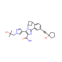 CC(C)(O)Cn1cc(-c2c(C(N)=O)nc3n2C2CC(C2)c2ccc(C#CC4(O)CCCC4)cc2-3)cn1 ZINC000215761164