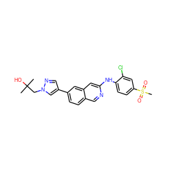 CC(C)(O)Cn1cc(-c2ccc3cnc(Nc4ccc(S(C)(=O)=O)cc4Cl)cc3c2)cn1 ZINC000207771174