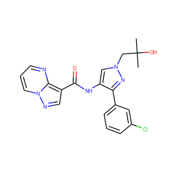 CC(C)(O)Cn1cc(NC(=O)c2cnn3cccnc23)c(-c2cccc(Cl)c2)n1 ZINC000095580320