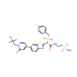 CC(C)(O)Cn1ccc(-c2ccc3nc([C@@H](C(=O)NCCS(N)(=O)=O)S(=O)(=O)Cc4ccc(F)cc4)sc3c2)cc1=O ZINC000221945851