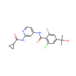 CC(C)(O)c1cc(Cl)c(C(=O)Nc2ccnc(NC(=O)C3CC3)c2)c(Cl)c1 ZINC000096928687