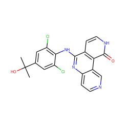 CC(C)(O)c1cc(Cl)c(Nc2nc3ccncc3c3c(=O)[nH]ccc23)c(Cl)c1 ZINC000043203436