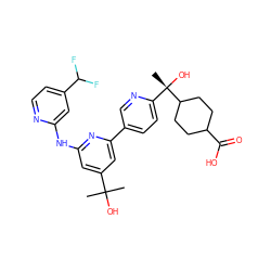 CC(C)(O)c1cc(Nc2cc(C(F)F)ccn2)nc(-c2ccc([C@](C)(O)C3CCC(C(=O)O)CC3)nc2)c1 ZINC000223536609