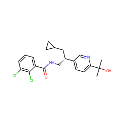 CC(C)(O)c1ccc([C@H](CNC(=O)c2cccc(Cl)c2Cl)CC2CC2)cn1 ZINC000217370795